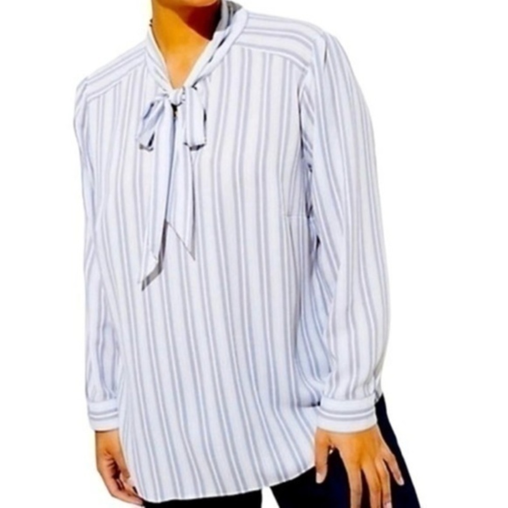 LOFT Striped Ling Sleeve Tie Neck Blouse